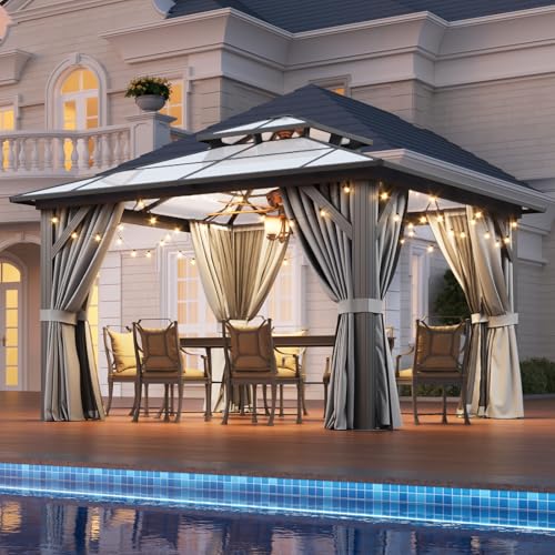 Aoxun 12'x16' Hardtop Gazebo, Aluminum Frame Permanent Pavilion with Netting and Curtains, Outdoor Polycarbonate Double Roof Canopy
