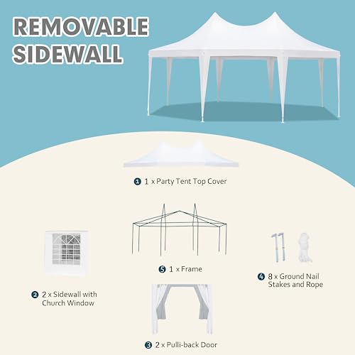 EROMMY 26x19ft Party Tent, White Wedding Tent, Decagonal Heavy Duty Canopy with 8 Removable Sidewalls, 8 Church Windows and 2 Pull-Back Doors