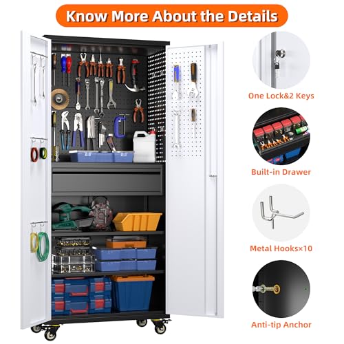 Aobabo 71" H×32" W×16" D Metal Storage Cabinet with Wheels, Garage Steel Storage Cabinet with 5 Adjustable Shelves and 4 Hooks for Home Office
