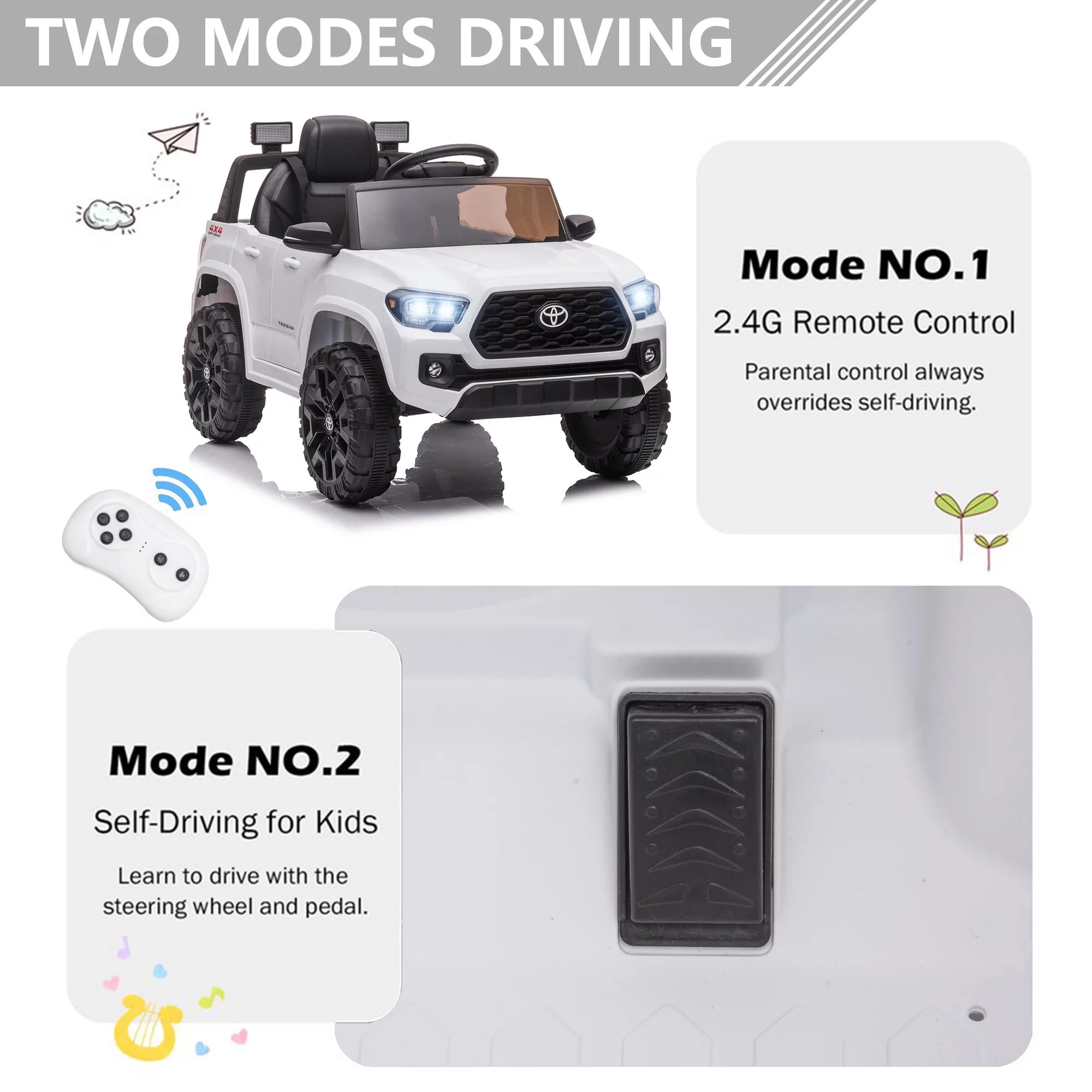 Licensed Toyota Tacoma Electric Ride on Vehicle for Kids, 12V Powered Ride on Car Toys with Remote Control, LED Lights, MP3 Player, Gray