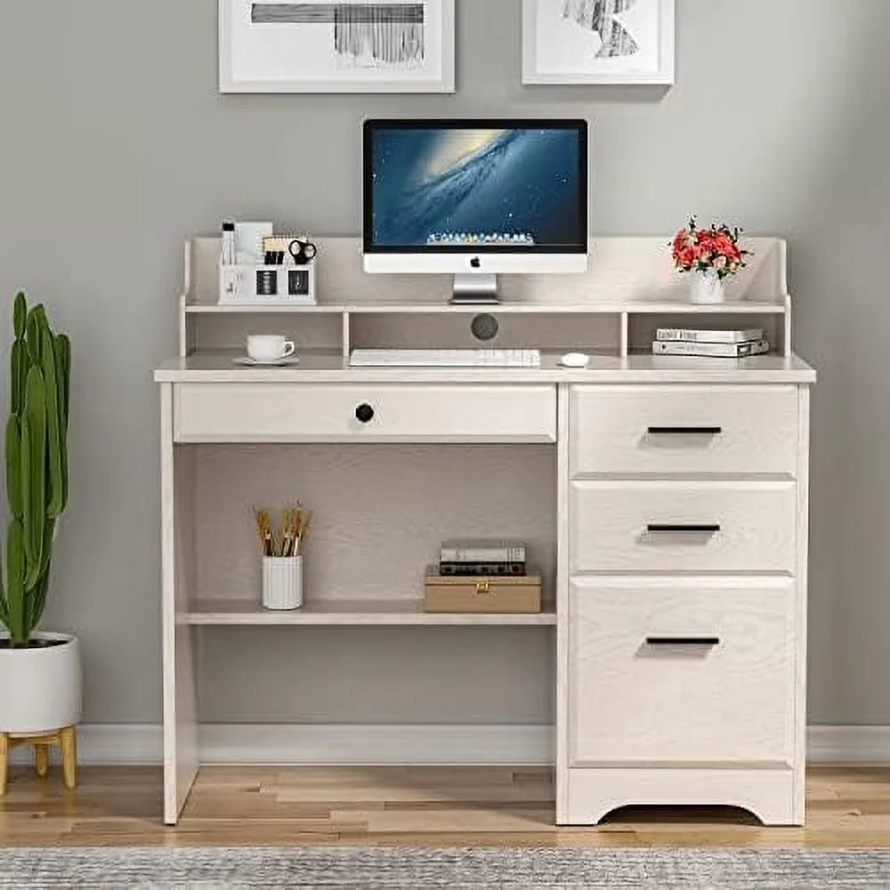HJZUINIUNIU Computer Desk with 4 Drawers and Small Office Desk with File Drawers and Hutch Farmhouse Wood Writing Student Table for Home Office