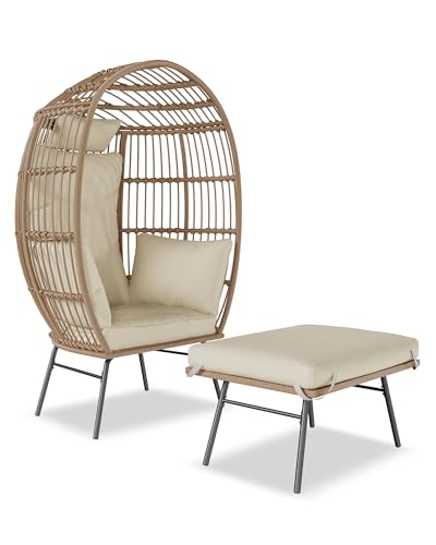 Oversize Wicker Egg Chair with 4 Comfy Cushions, Big Egg Shaped Lounger with Ottoman, Rattan Reading Chairs for Indoor Outdoor Patio Porch Backyard