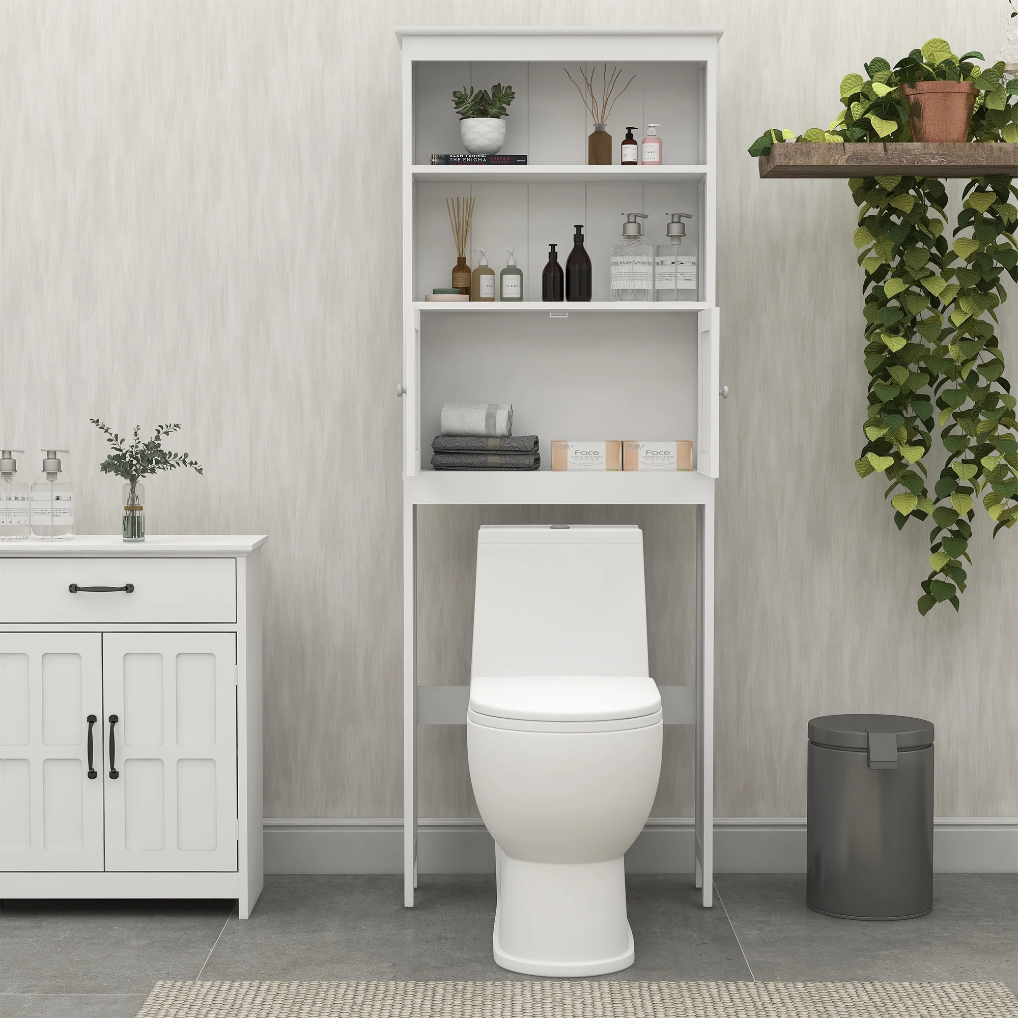 Over The Toilet Rack 2 -Tier Toilet Bathroom Spacesaver Storage Shelf with 2 Doors Wood Storage Organizer Cabinet for Bathroom Freestanding