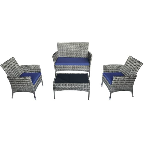4 piece patio furniture set, Rattan Patio Furniture，Outdoor Wicker Conversation Set with Thick Cushion for Garden, Yard