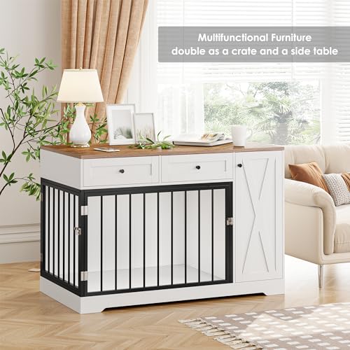 Dog Crate Furniture Kennel with Double Doors Wooden Pet House with 2 Drawers and Storage Cabinet