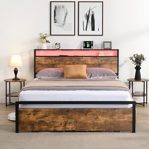 Full Bed with Storage Headboard and 2 Drawers, Full Size Bed Frame with LED Lights & Built-in USB Charging Stations, Metal Platform Bed