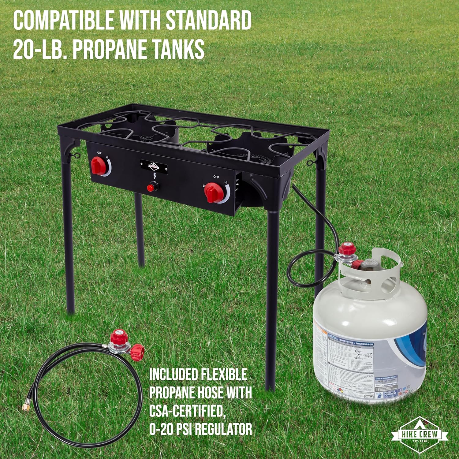 Hike Crew Auto Ignition Double-Burner Outdoor Gas Stove | 150,000 BTU Portable Propane-Powered Cooktop with Blue Flame Control, Removable Legs