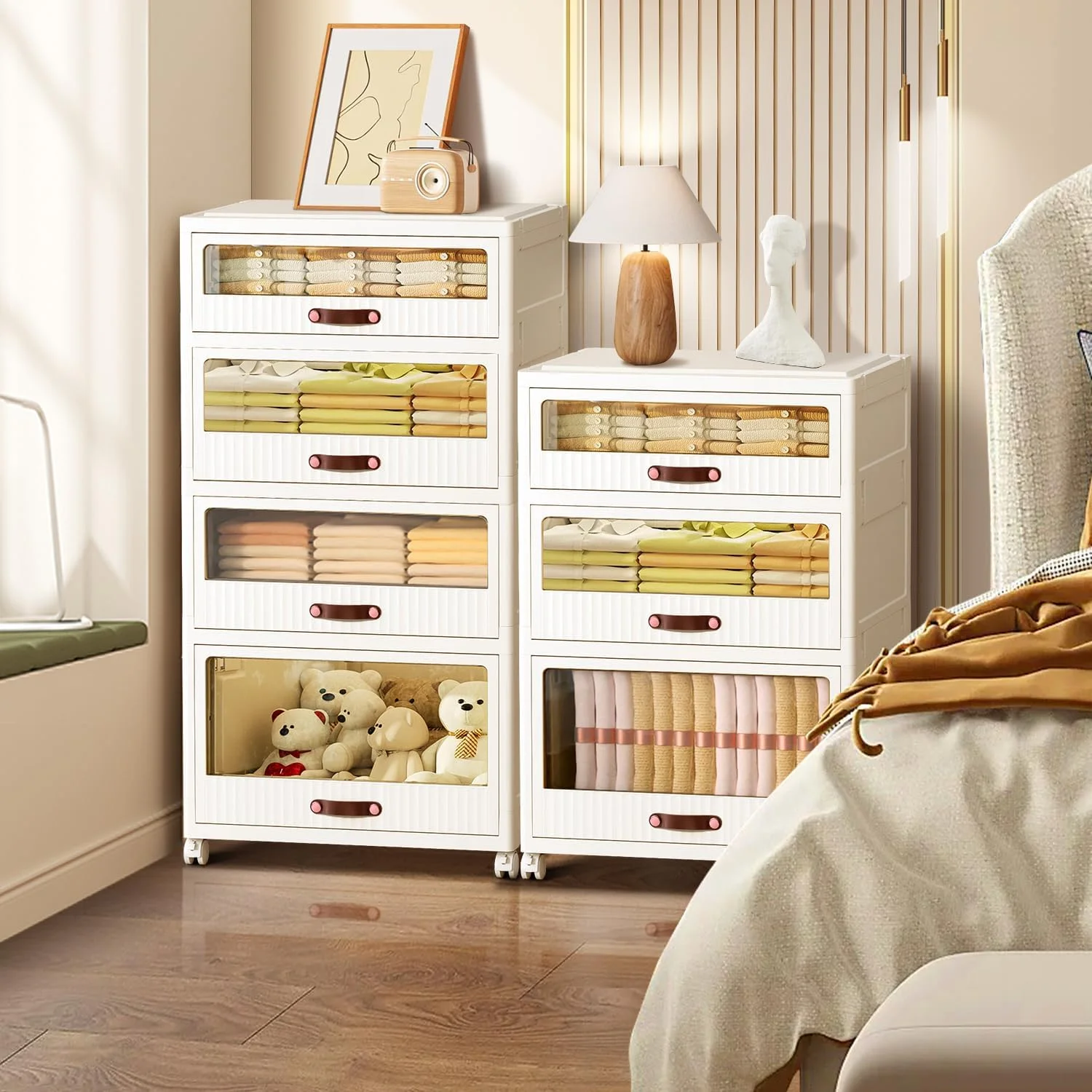 5 Drawers Dresser for Bedroom with Doors Storage Closet Folding Plastic Chest Vertical Drawer Storage Tower Stackable Clear Tall Dressers Small