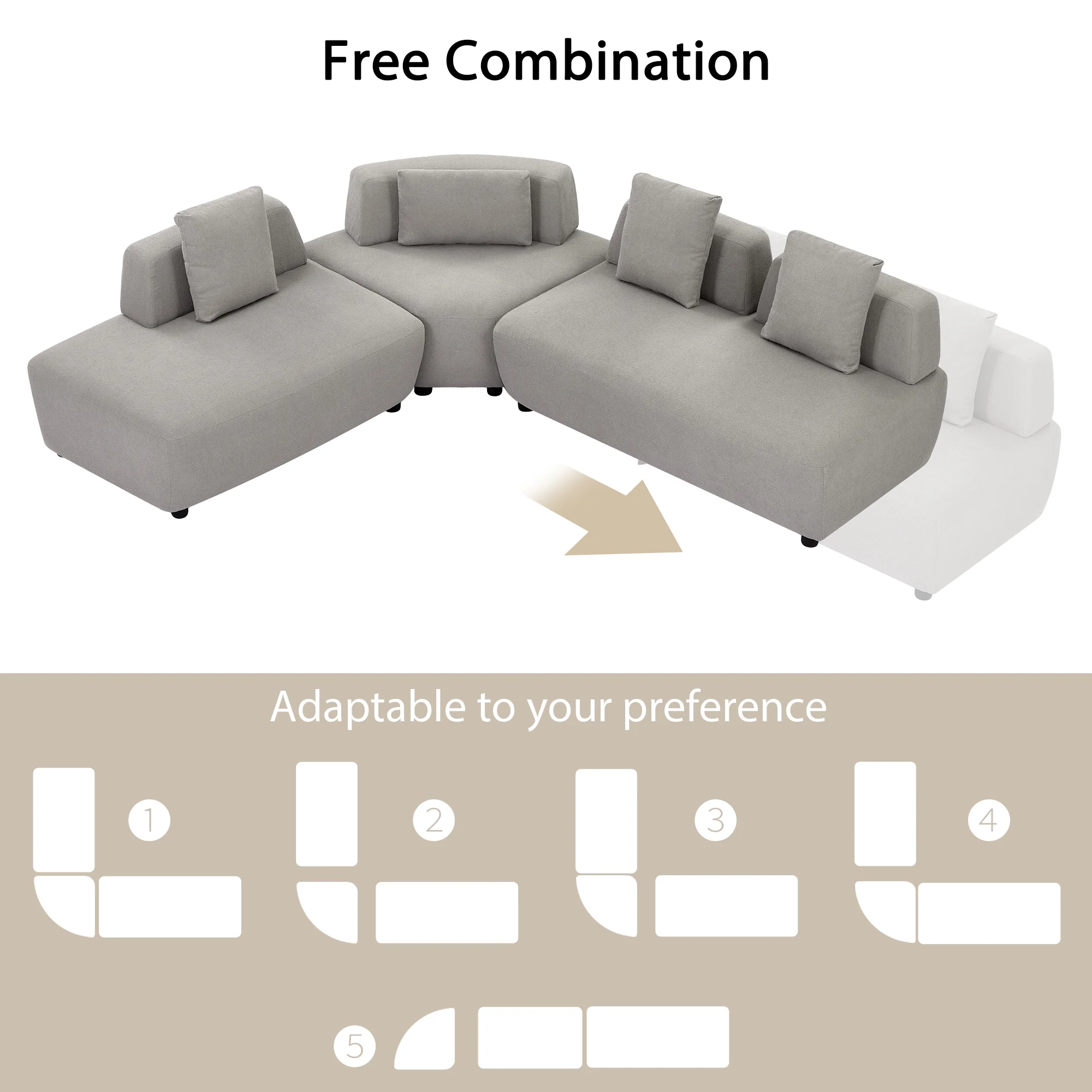 Soges Modern 3-piece Sectional Sofa Free Convertible Sofa with 4 Pillows for Living Room, Gray