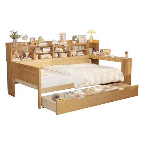 Corner Twin Bed Frame with Bookcase Storage and Desk, Wood Day Beds with 2 Drawers, Twin Size Daybed with Storage for Living Room