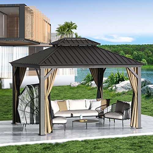 Gazebo 10' x 12' with Mosquito Net and Privacy Sidewalls, Patio Aluminum Permanent Gazebo, All Weatherproof Outdoor Hardtop Metal Gazebos，for Patio