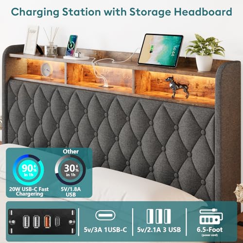 Queen Bed Frame with Storage - Lift Up Queen Size Bed Frame with Headboard, Upholstered Platform Bed with LED Lights & Charging Station