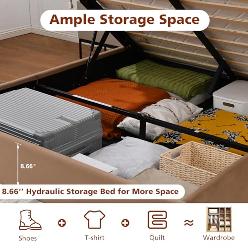 VELOCAVA Queen Size Lift Up Storage Bed with Modern Wingback Headboard, Upholstered Platform Bed with Fabric with Hydraulic Support Bars