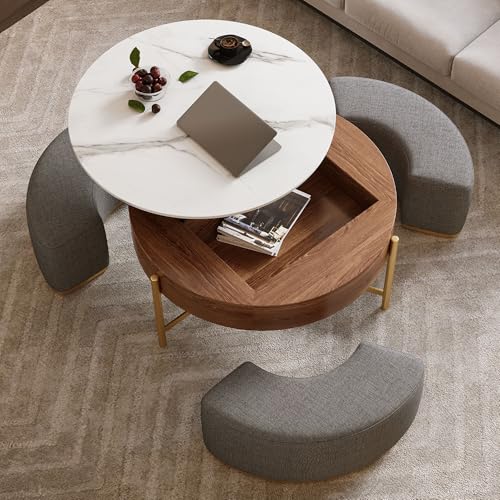 Lift Top Coffee Table with Storage, Round Center Table with Hidden Storage and 3 Upholstered Nesting Ottomans, Space-Saving Design, Brown+Grey