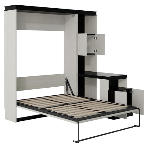Queen Size Murphy Bed Wall Cabinet with 2 Wardrobe and Storage Shelf, Wooden Murphy Cube Wall Bed
