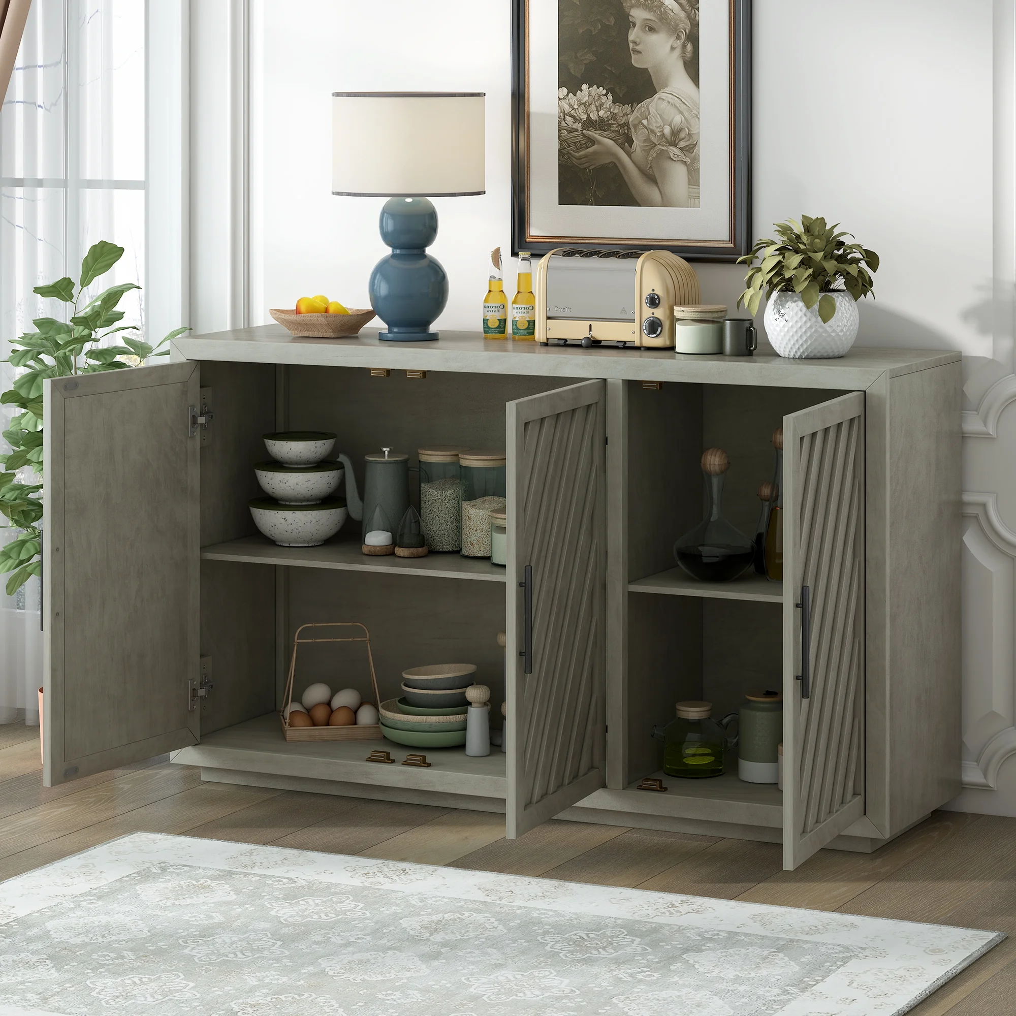 Churanty 3 Doors Large Storage Vintage Sideboard Cabinet, 60'' Retro Sideboard with Adjustable Shelves