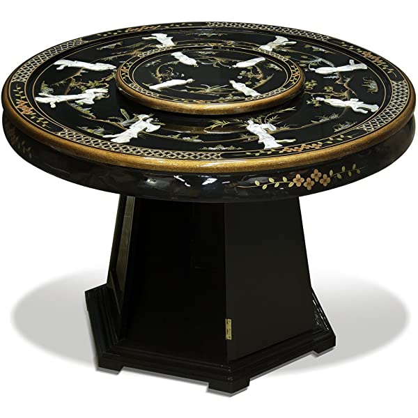 ChinaFurnitureOnline Black Lacquer Oriental Round Dining Table Set 6 Chairs 48in with Pearl Maidens