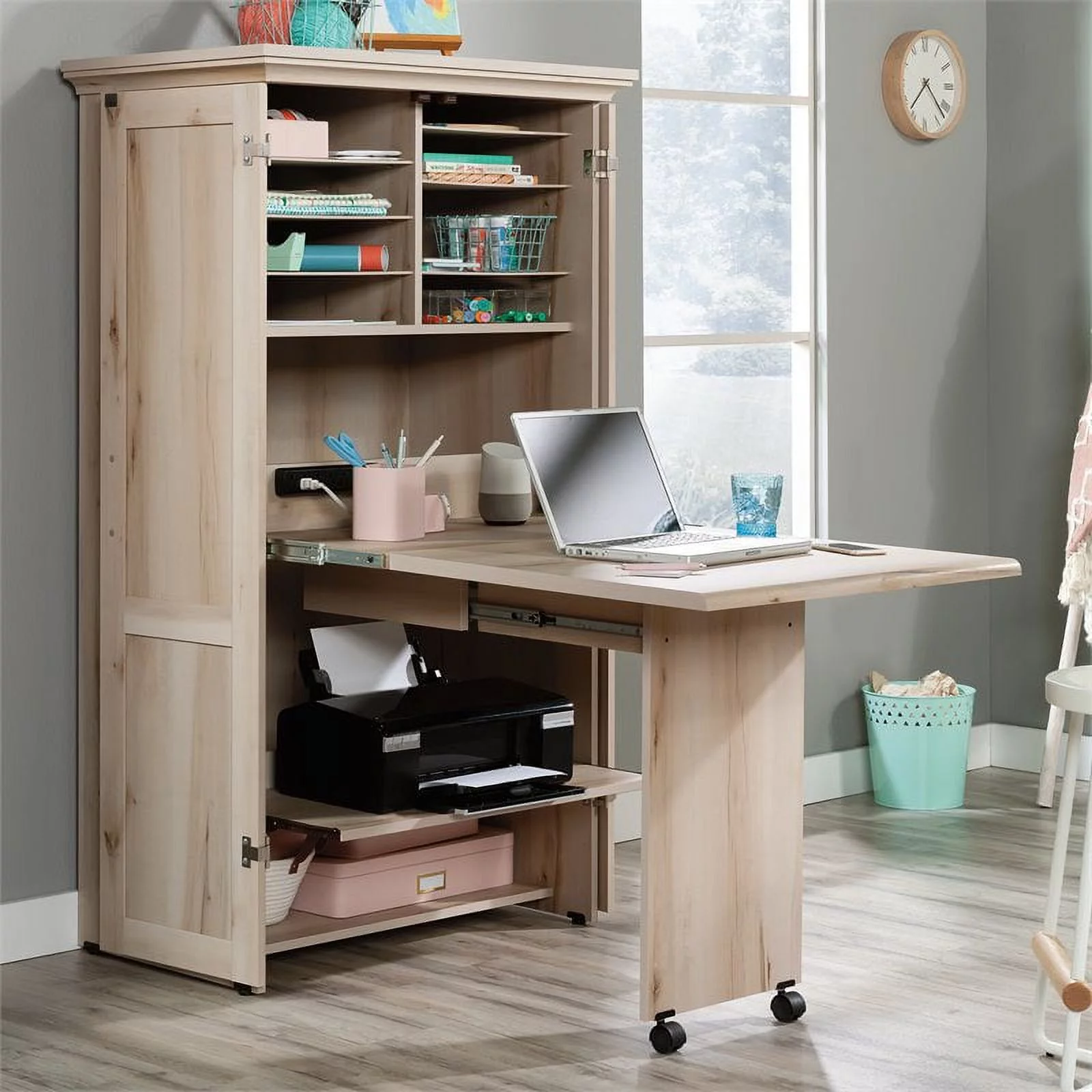 Pemberly Row Engineered Wood Multi-Purpose Storage Craft Armoire in Maple