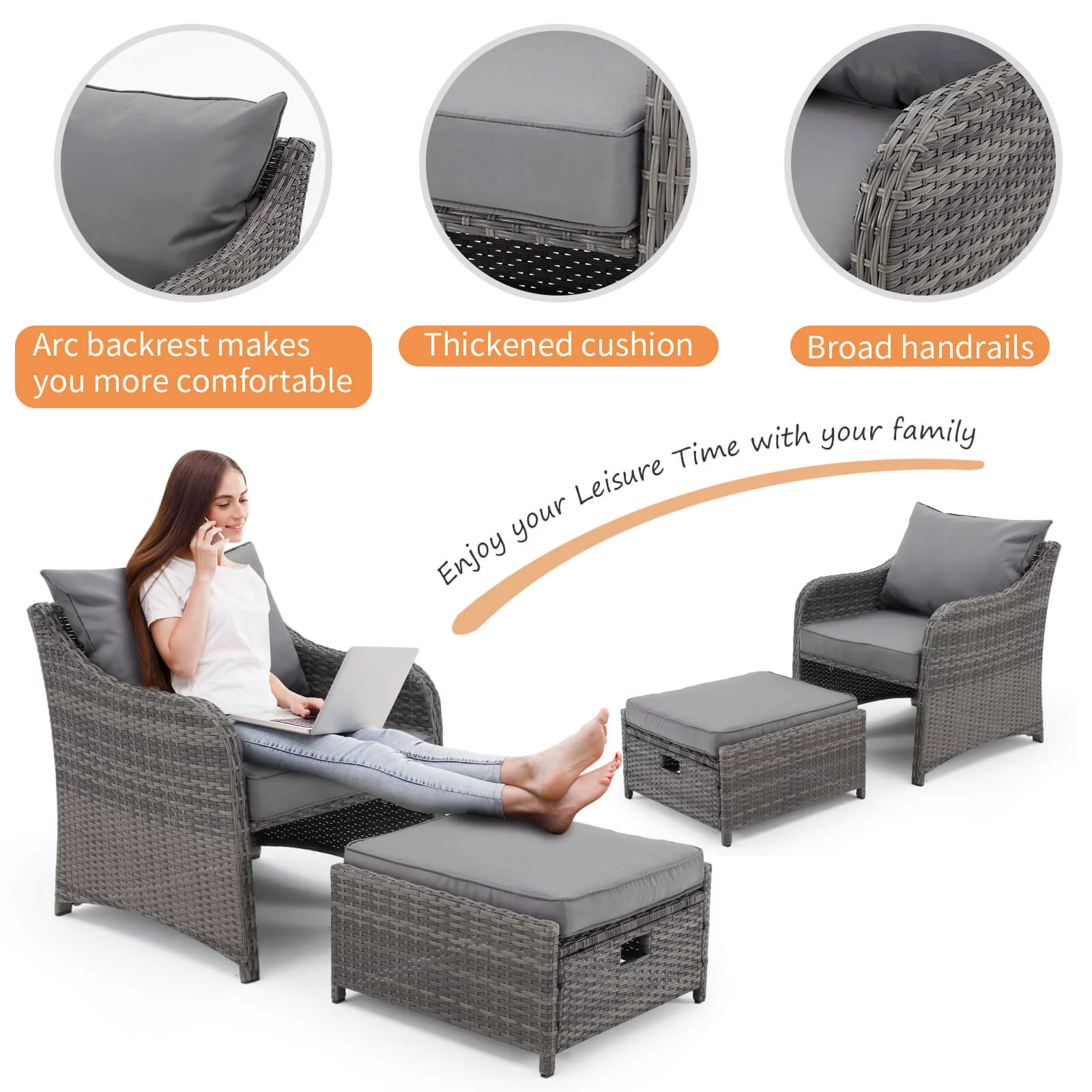 HOMREST 5 Piece Balcony Furniture, All Weather PE Wicker Rattan Patio Furniture Set, Cushioned Patio Chairs Set of 2 w/Ottoman&Table