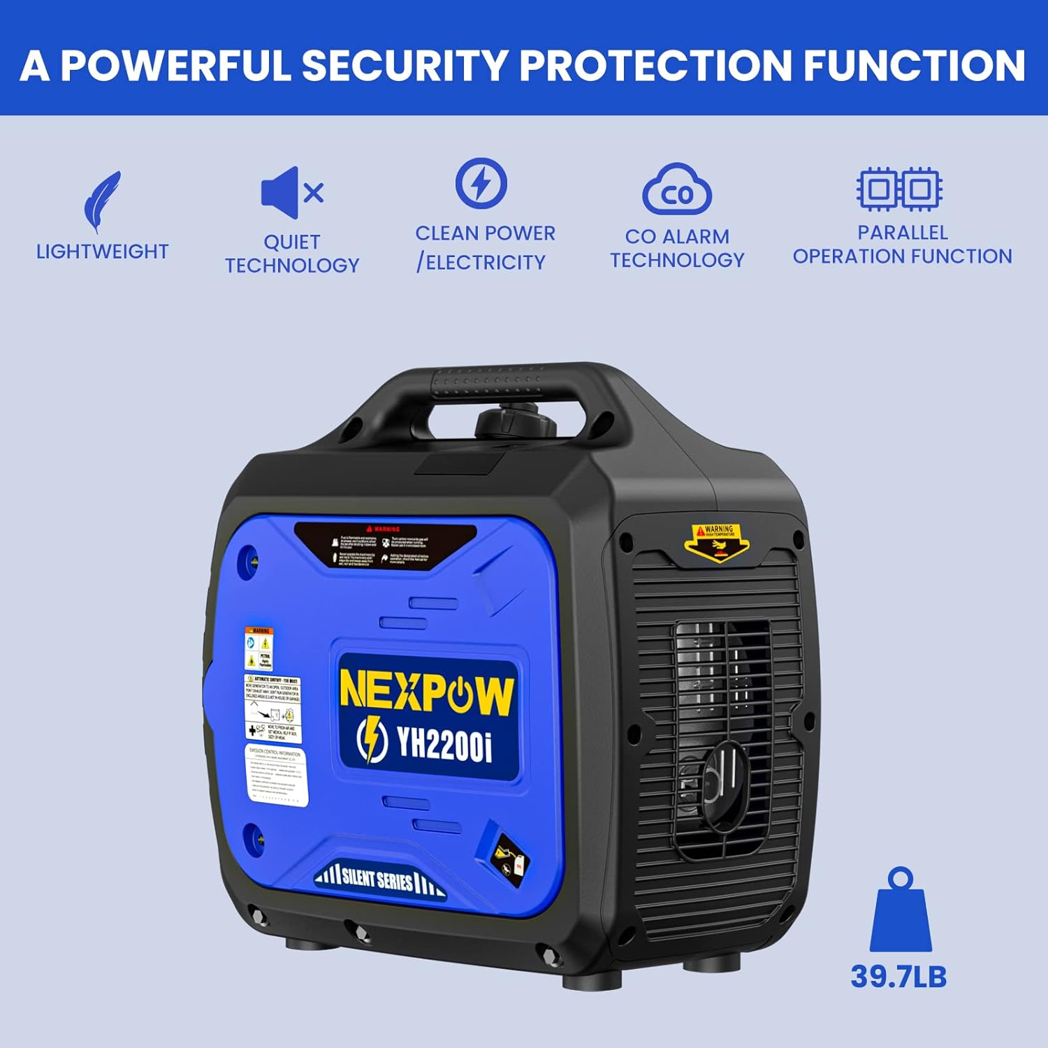 NEXPOW Portable Inverter Generator, 2250W Super Quiet Generator with CO Alarm Ideal,Eco-Mode Feature, Parallel Capability,EPA Compliant