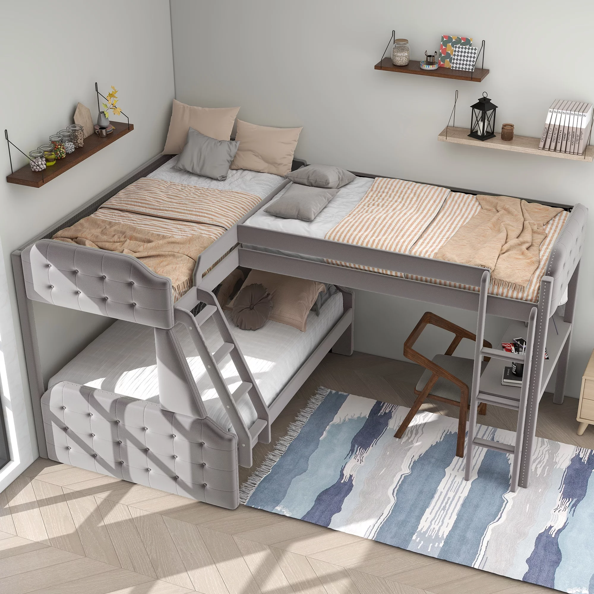 Euroco Upholstery Twin over Full Bunk Bed, Twin Size Loft Bed with Built-in Desk, 3-in-1 Bunk Bed, Solid Upholstered Wood Frame for More Kids, Gray