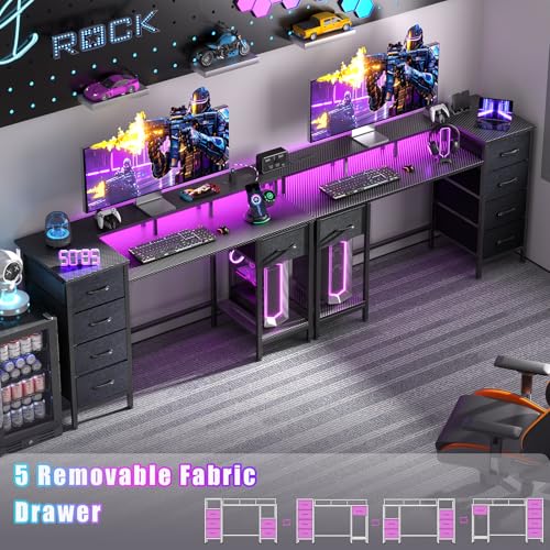 47 Inch Computer Gaming Desk with Power Outlets LED Lights Reversible Home Office with Adjustable Fabric Storage Drawers for Working Writing Study