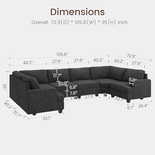 Nolany Oversized Modular Sofa U Shaped Modular Sectional Couch Reversible Modular Sectional Sofa with Deep & Wide Seat,135.6 inch,Dark Grey