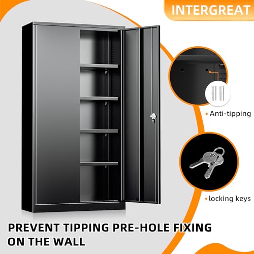 INTERGREAT Metal Storage Cabinets 72” Black Garage Steel Storage Cabinet with Doors and Shelves, Metal Tool Cabinet