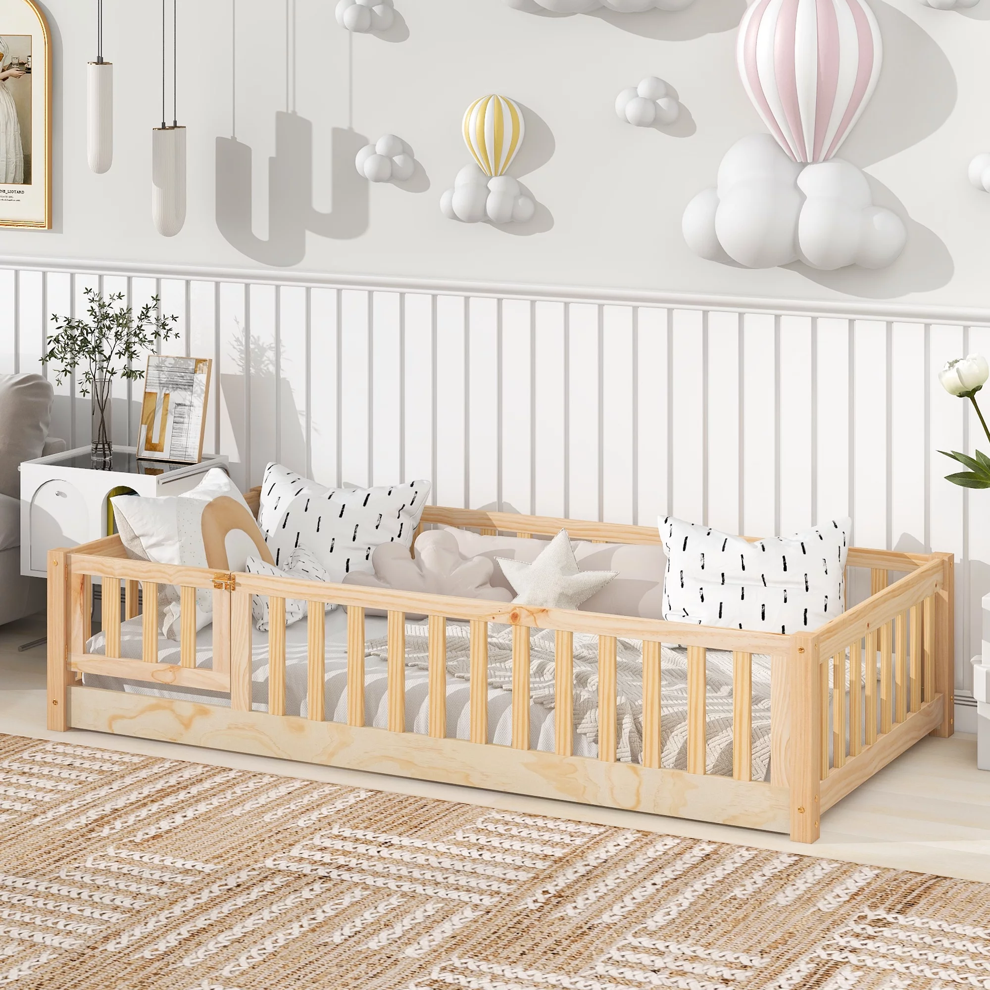 PAPROOS Twin Floor Bed Frame for Toddler, Wood Platform Bed with Wooden Slats, Fence and Door