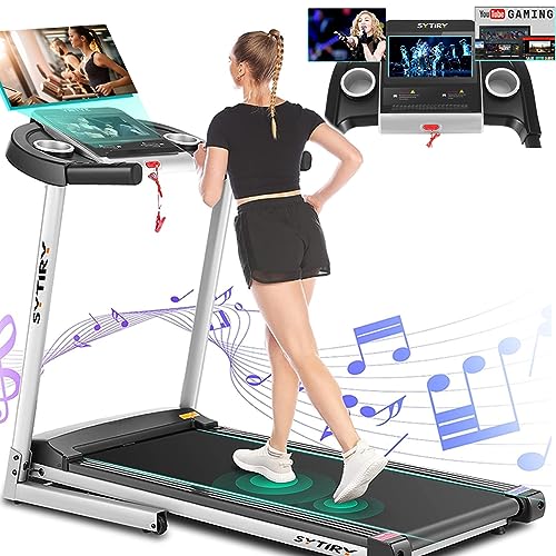 SYTIRY Treadmills for Home with TV Screen and WiFi,Smart Folding Treadmill Machine,3D Virtual Sports Scene,HiFi Speakers