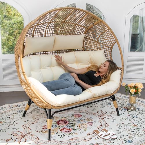 NICESOUL® Double Egg Chair Indoor Outdoor Stationary Oversized Thicken Padded Cushions, 2 Person Egg Loveseat Chair