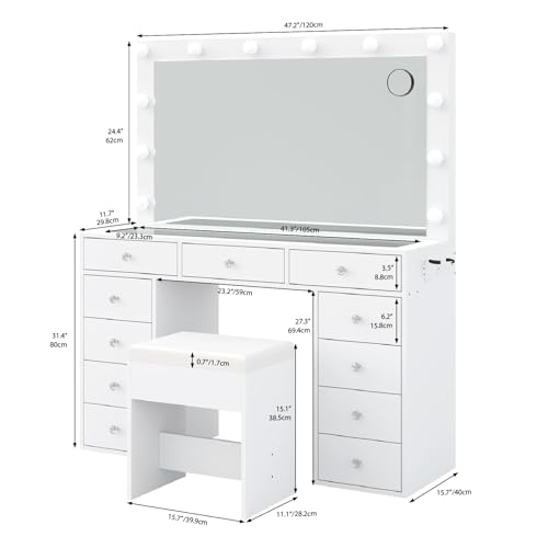 Vanity Desk & Power Outl, Makeup Vanity with Mirror and 12 LED Lights, Makeup Table with 11 Drawers, Vanity Table with Chair