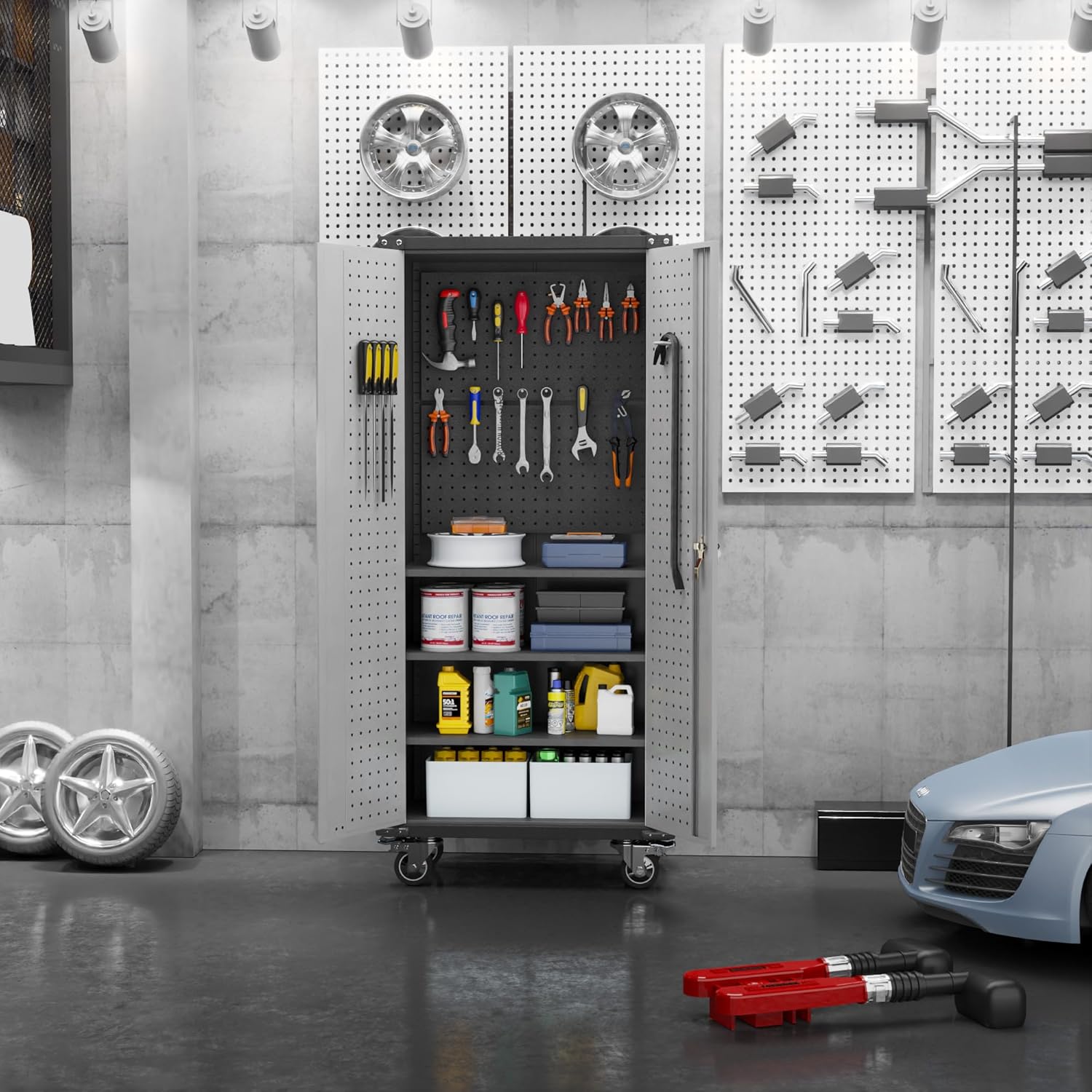 Metal Storage Cabinet with Pegboard and Wheels, Metal Utility Cabinets for Garage, Kitchen, Office Basement, Assembly Required
