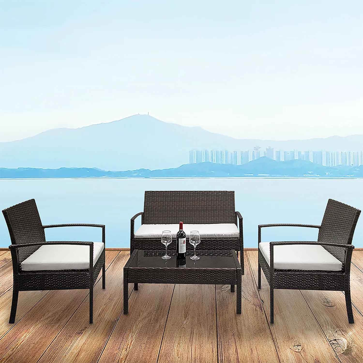 Patio Furniture Set ON SALE, Seizeen 4 Pieces Outdoor Rattan Patio Conversation Set, Cushioned Sofa and Coffee Table Deck Porch Furniture for 4, Brown