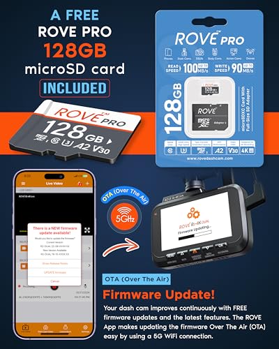 ROVE R2-4K DUAL Dash Cam Front and Rear, STARVIS 2 Sensor, FREE 128GB Card Included, 5G WiFi - up to 20MB/s Fastest Download Speed with App