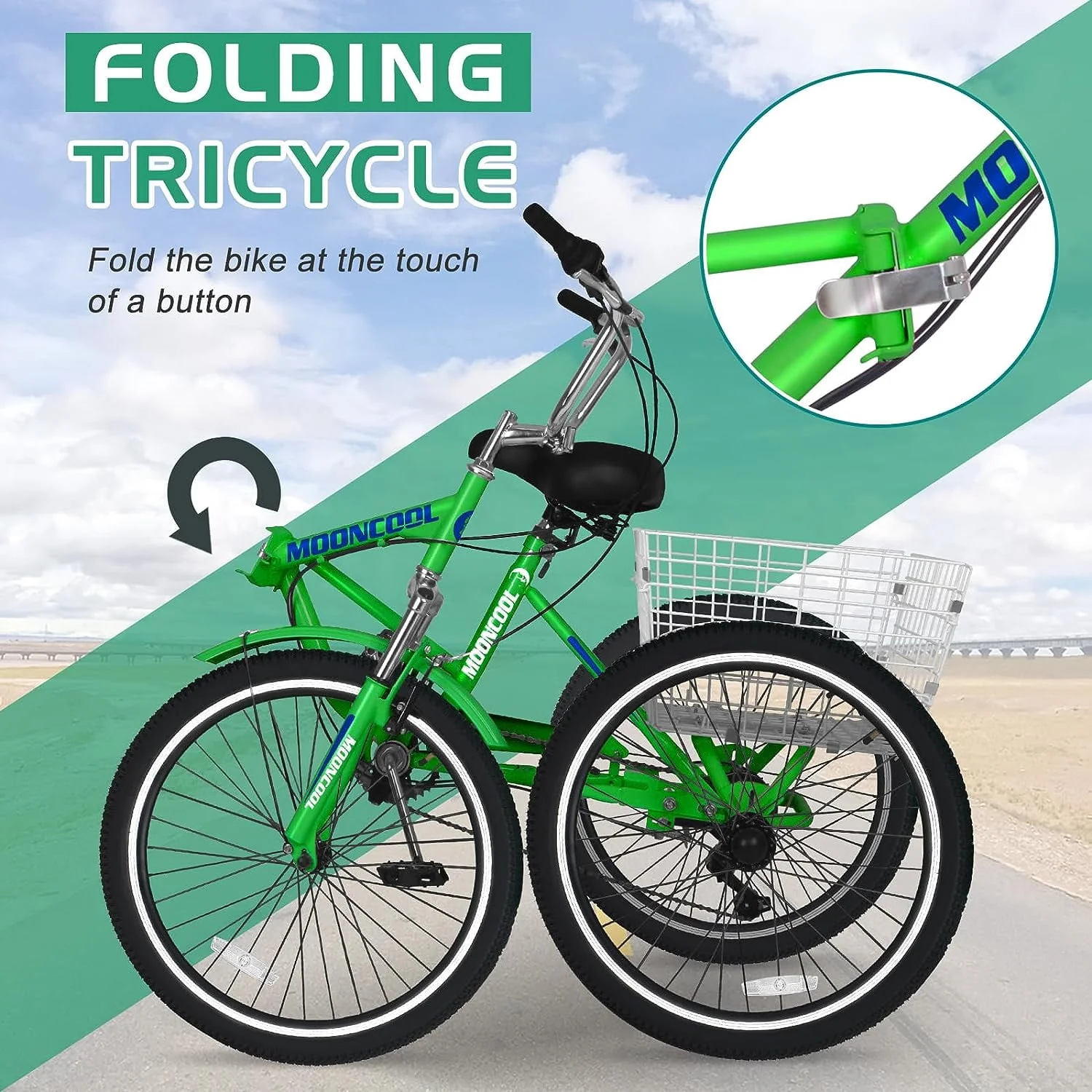 MOONCOOL Adult Folding Tricycle for Adults, 7 Speed 20/24/26 inch 3 Wheels Bikes with Basket, Foldable Tricycle for Adults, Women, Men, Seniors