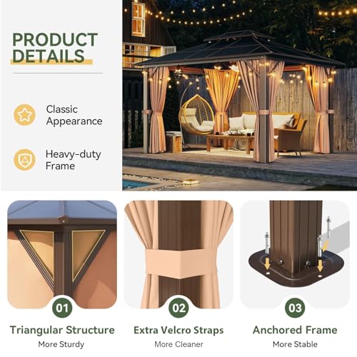 Aoxun 12'x10' Hardtop Gazebo, Aluminum Frame Permanent Pavilion with Curtains and Netting, Outdoor Polycarbonate Double Roof Canopy