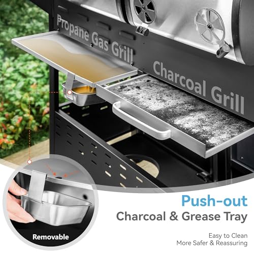 3 Burner Propane Gas and Charcoal Grill Combo with Side Burner & Porcelain-Enameled Cast Iron Grates, 37