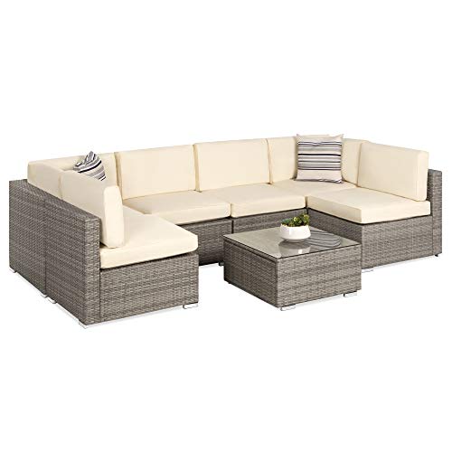 Best Choice Products 7-Piece Modular Outdoor Sectional Wicker Patio Conversation Set w/ 2 Pillows, Coffee Table, Cover Included - Gray/Navy