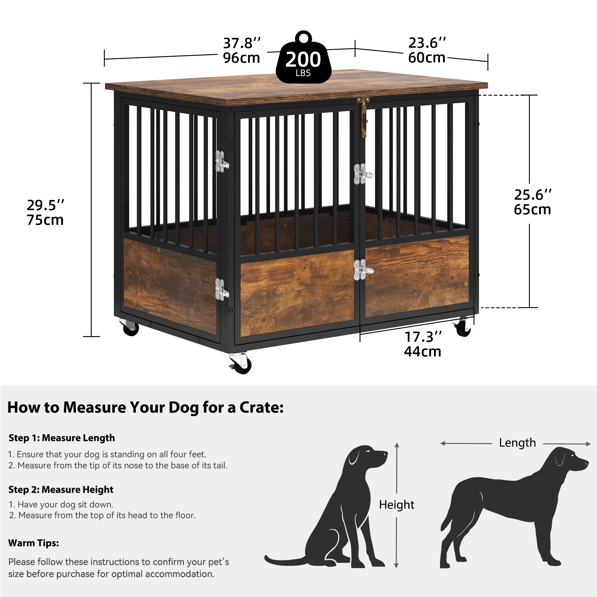 Dextrus Large Dog Crate Furniture with Wheels, 38in Rustic Heavy Duty Metal Dog Crate and Kennel for Small Medium Dogs