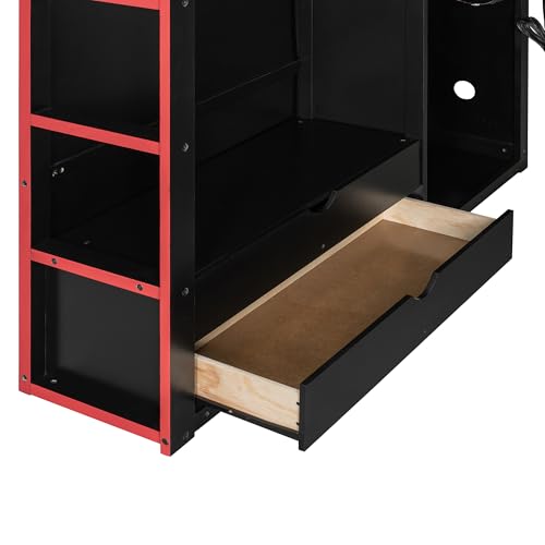 Modern Full Size Gaming Loft Bed with Built-in Desk and Storage Wardrobe, Wood Loft Bed Frame with Light Strip and 2 Drawers