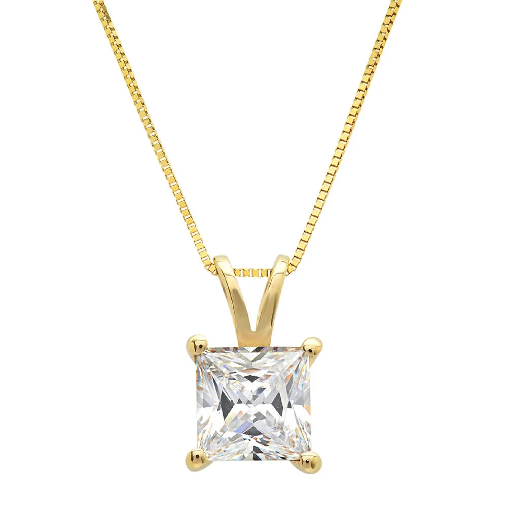 2.0 ct princess cut natural swiss blue topaz 14k yellow gold pendant + 18" gold chain
