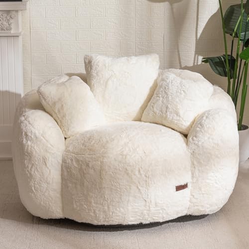 MAXYOYO Bean Bag Chair for Adults, Floral Shaped Bean Bag Sofa, Ultra Soft Faux Fur Floor Sofa, Large Reading Chair for Living Room Bedroom, Beige