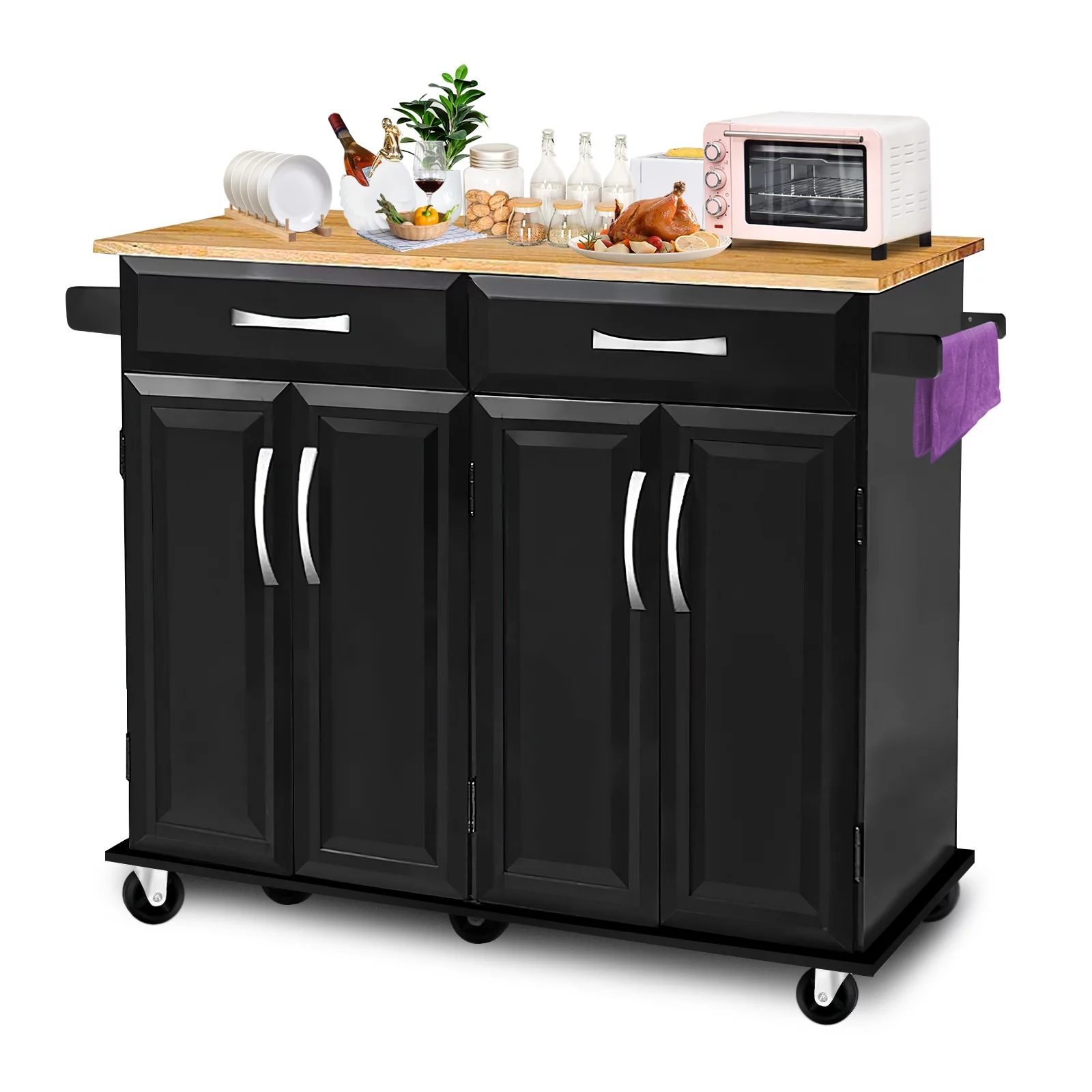 Codesfir Kitchen Island with Drawers and Large Storage Cabinet, Rolling Kitchen Serving Cart with Towel Holder Utility Trolley and Adjustable Shelves
