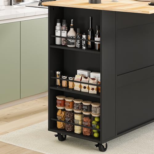 67’’ Movable Kitchen Island with Drop Leaf and Power Outlet, Lockable Sliding Countertop Rolling Island Cart with 2 Large Drawers, Spice, Towel Rack