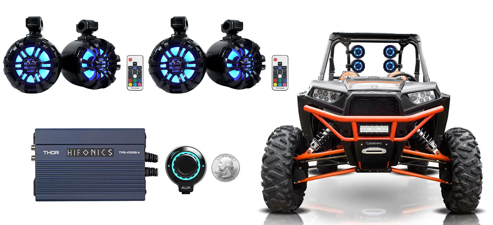 (4) Rockville 6.5" LED Black Tower Speakers+Hifonics Amp+Bluetooth RZR/ATV/UTV