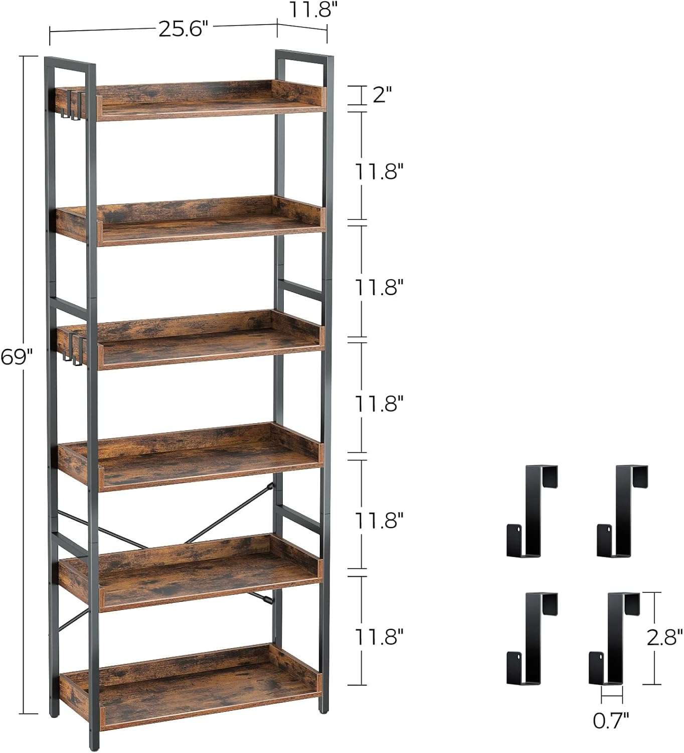 Rolanstar 5 Tier Bookshelf, Industrial Wood Bookcase with 4 Hooks, Vintage Storage Rack with Open Shelves