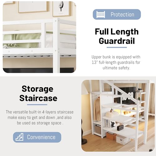 Queen Loft Bed with L-Shaped Desk and Stairs,Metal Queen Size LoftBed with Wardrobe and Adjustable Shelf, Gaming Bed with LED and USB