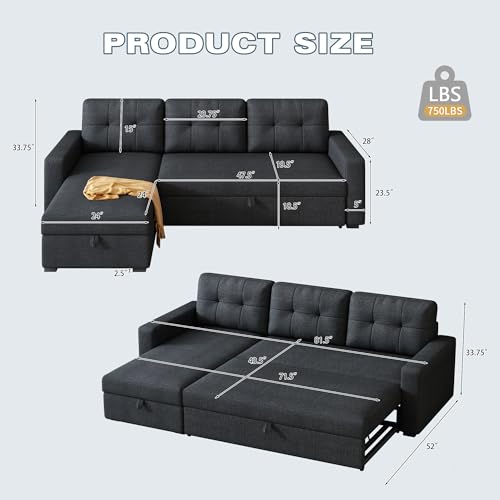 Ball & Cast L-Shape Reversible Sectional Sleeper Sofa Bed 4 in 1 Pull Out Couch with Storage Chaise & Removable Back Cushions