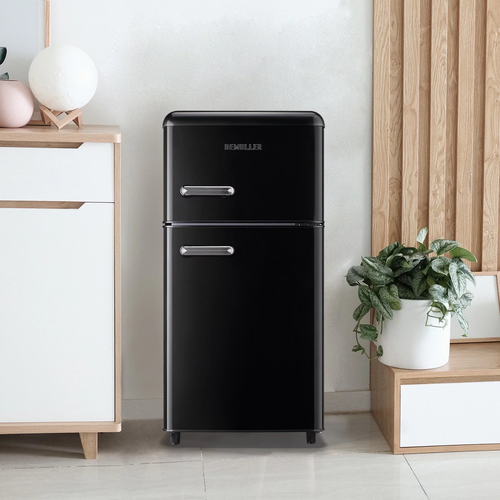 DEMULLER Mini Refrigerator Dual Door Fridge with Handle 7 Speed Temperature Control YX-100-Black
